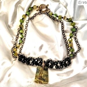 Artisan Green Stone & Black Crystal Necklace – 20" Wire Wrapped Pendant